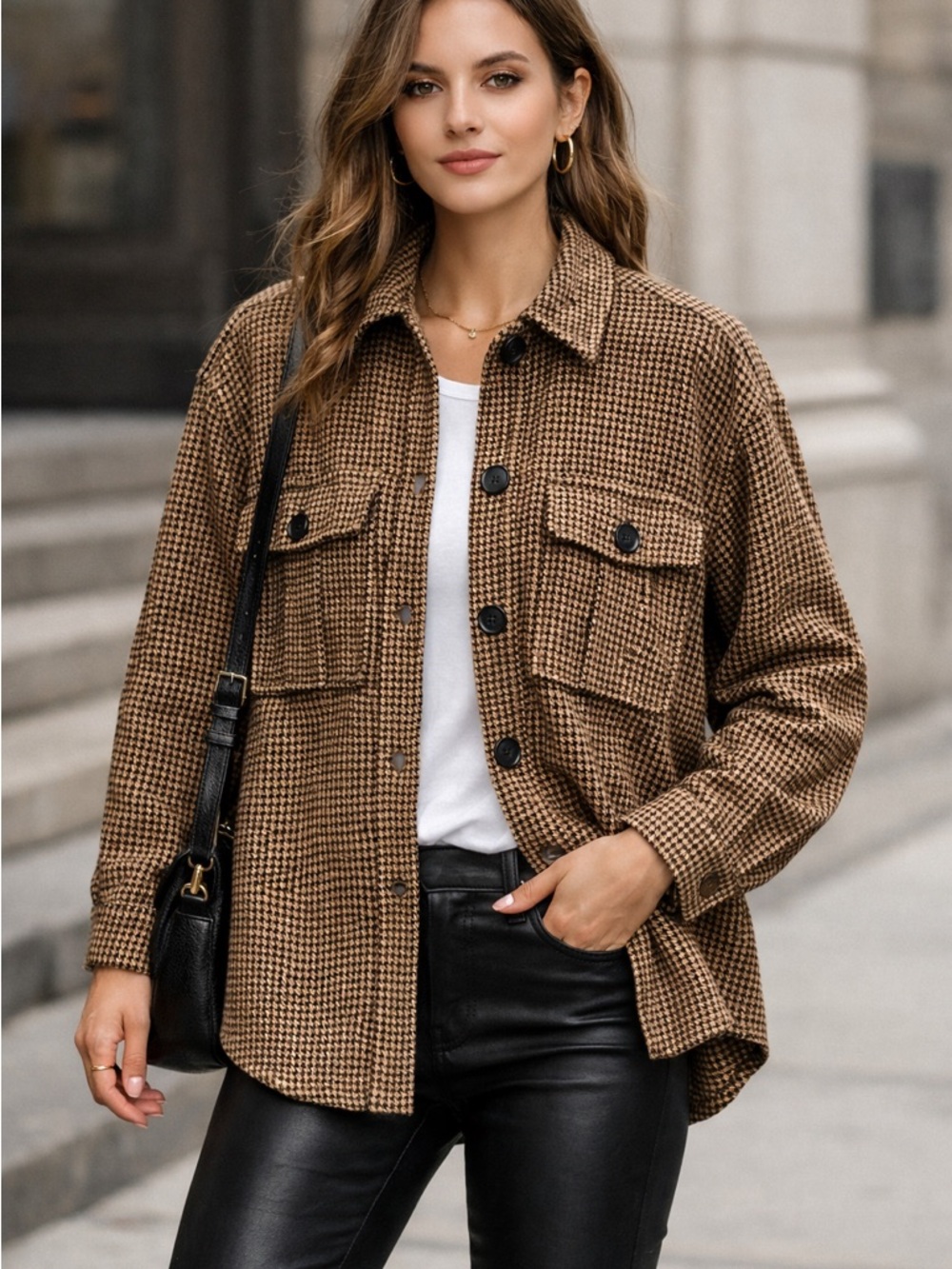 Current Air Brown Houndstooth Utility Shacket